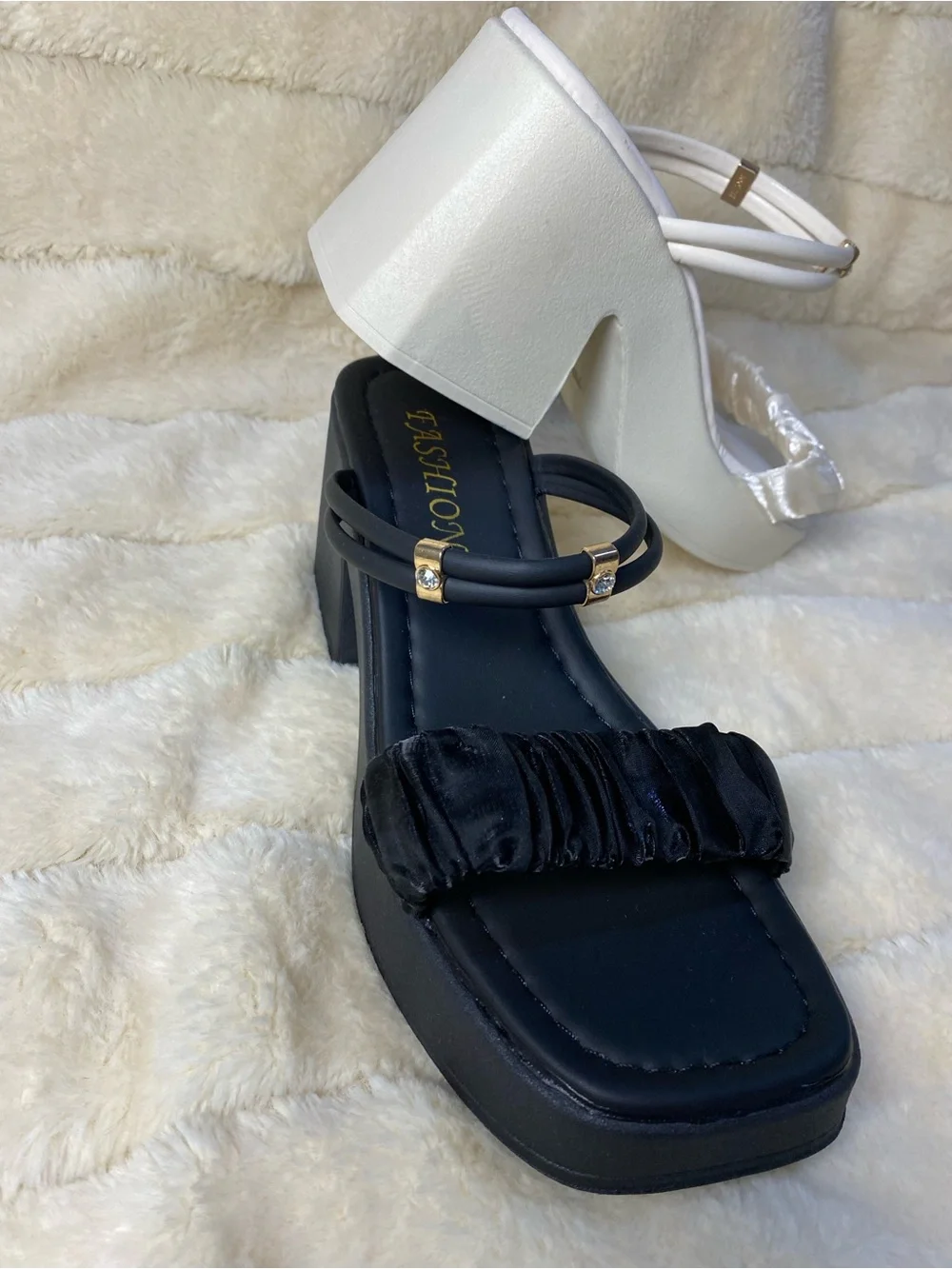 Women's Black and White Heeled Platform Sandals